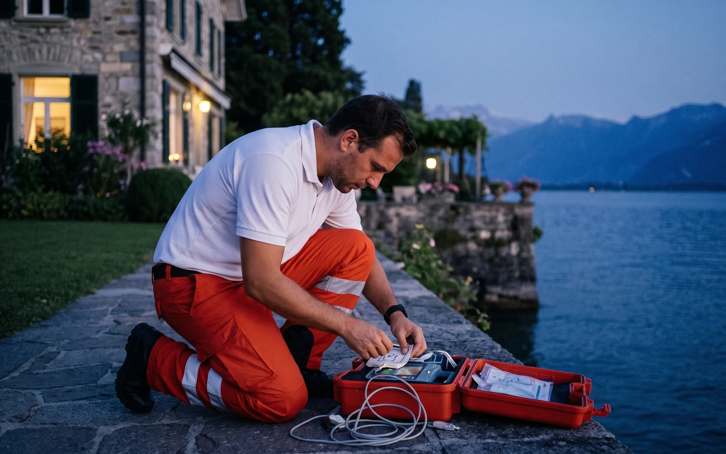 A paramedic kneels on the lakeside terrace of a villa at dusk and prepares a defibrillator from an open red case