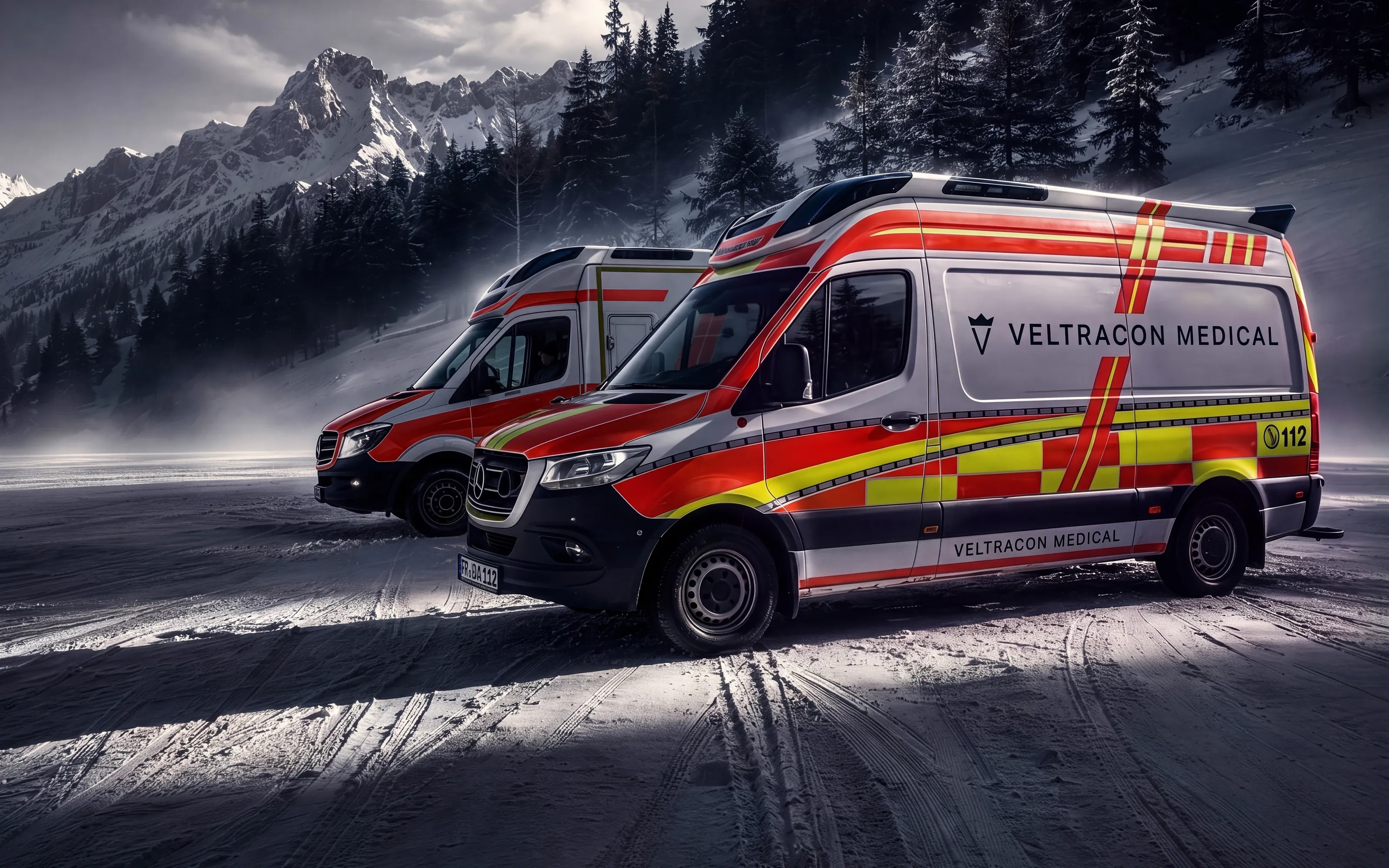 A Veltracon Medical ambulance on a snowbound mountain road