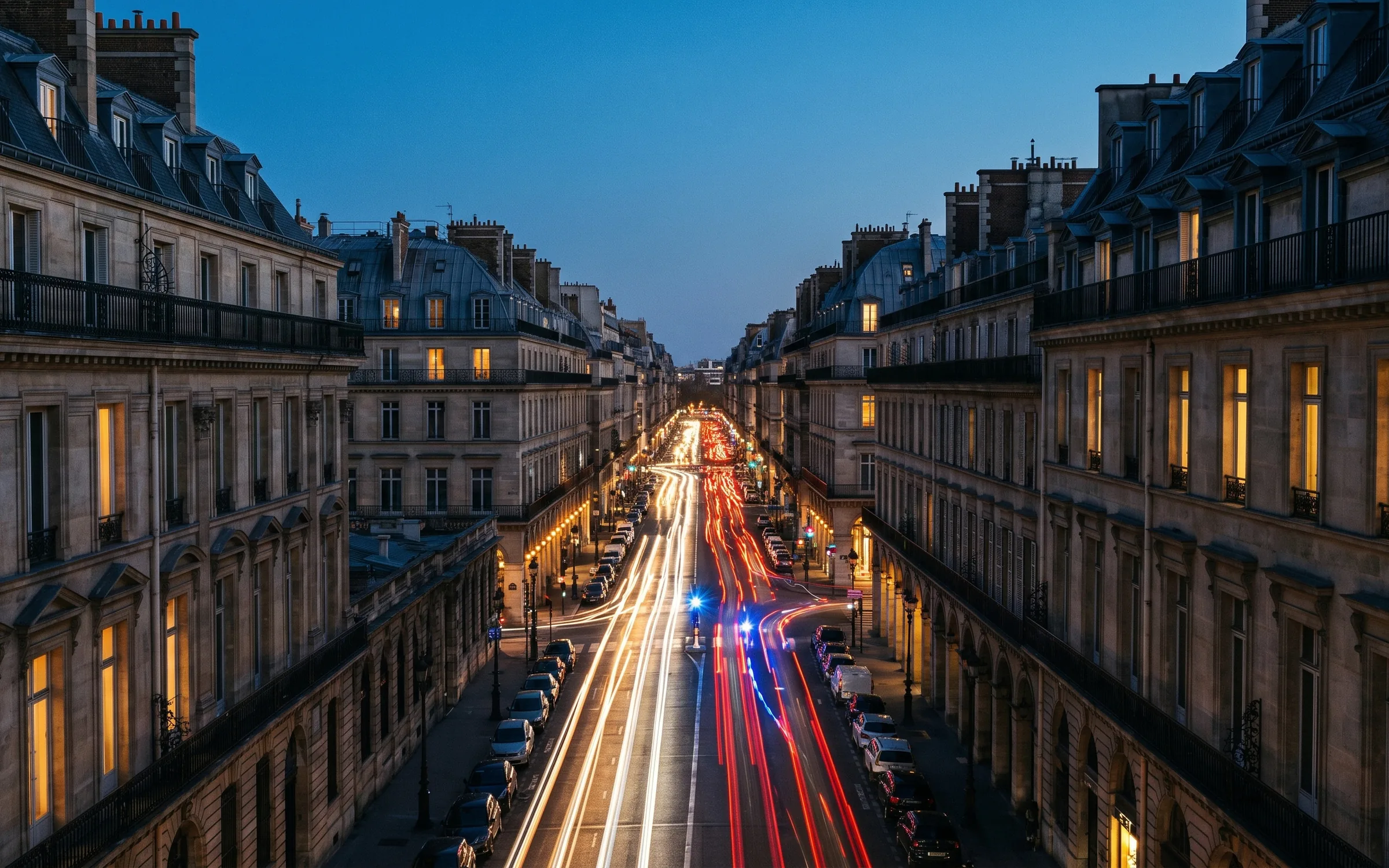 Light trails of dense evening traffic on a grand city avenue, seen from above, a blue emergency light among them