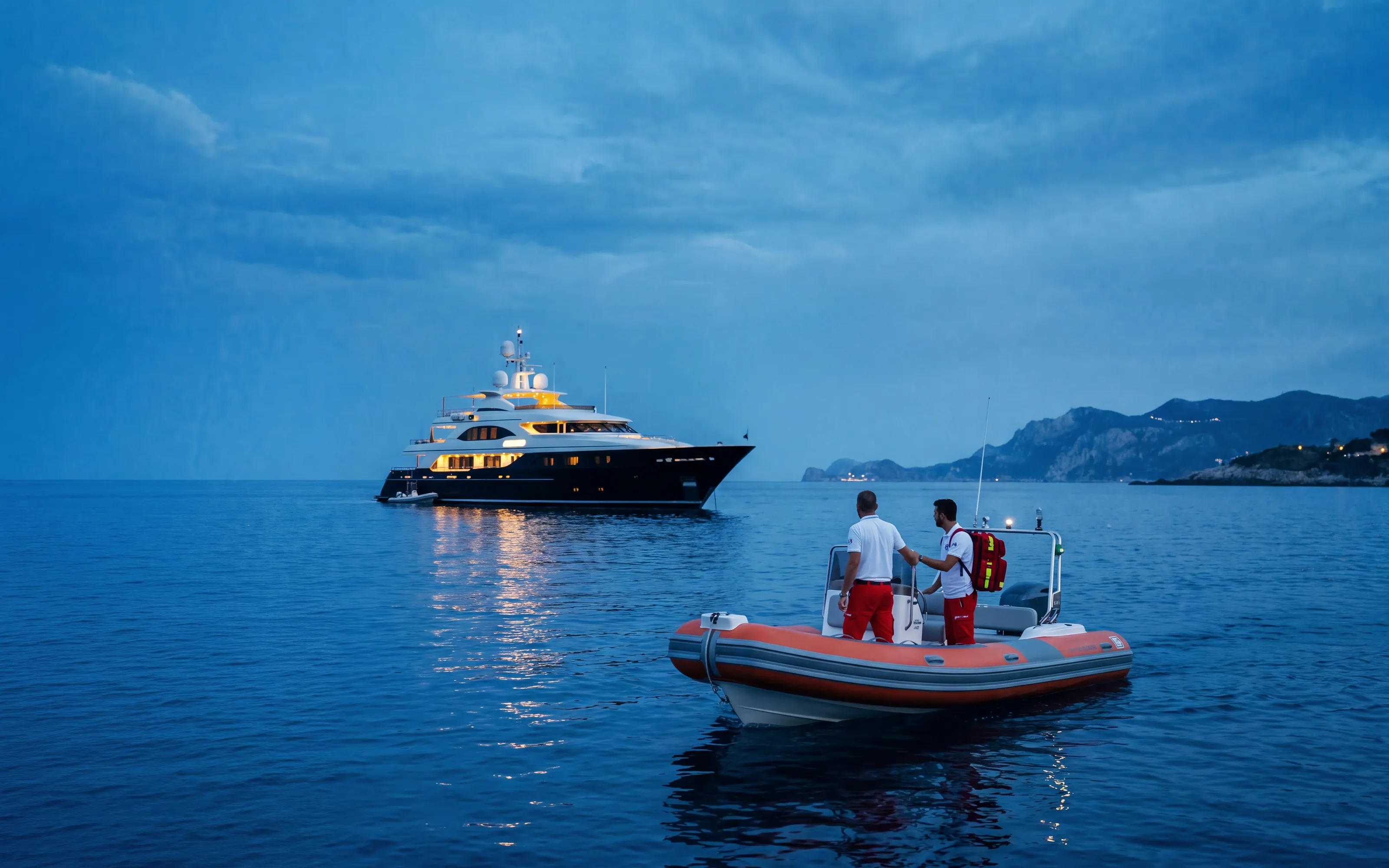A paramedic boarding a yacht at sunset