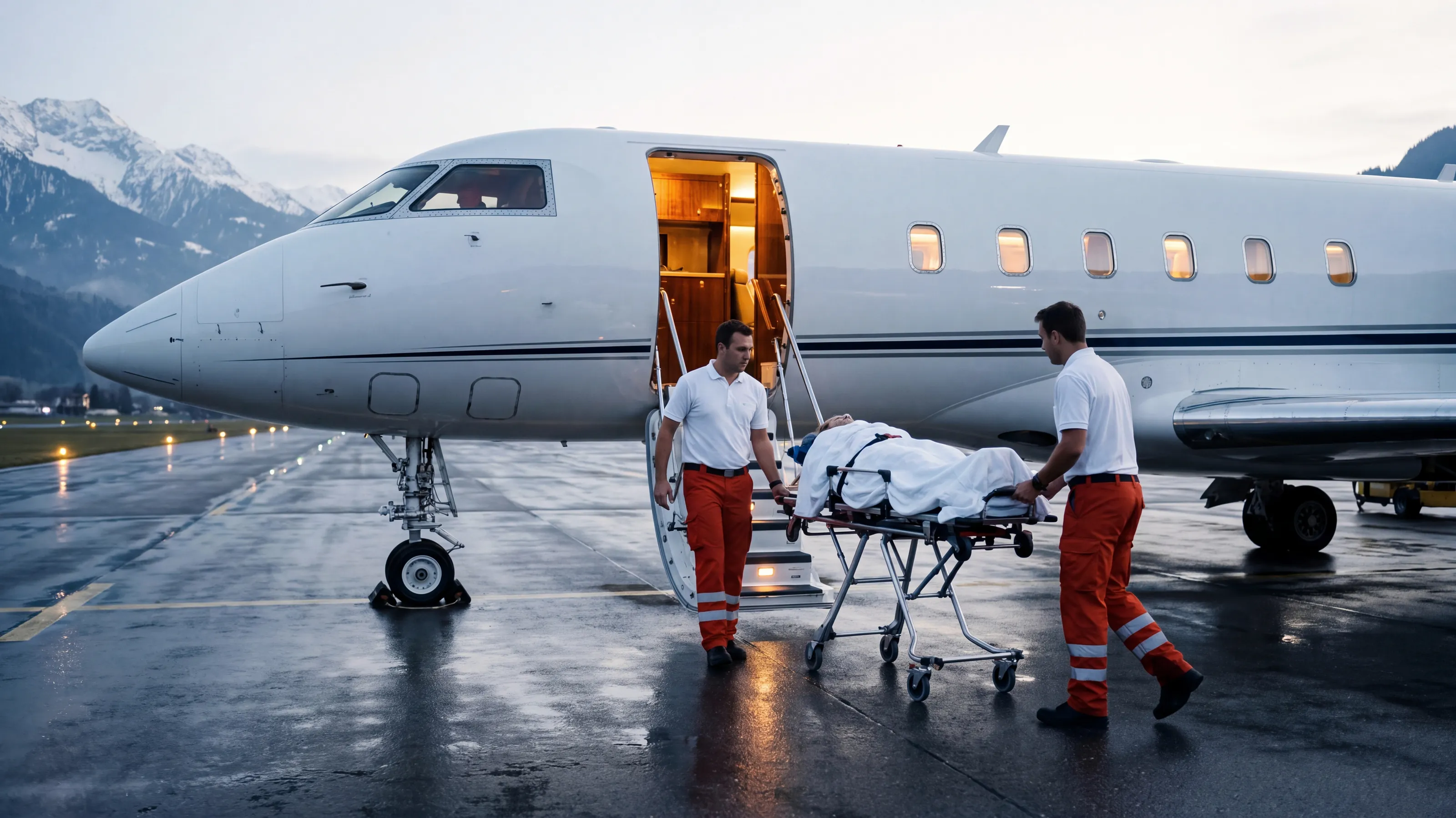 Two paramedics wheel a stretcher to the airstair of an air ambulance jet on an alpine airfield at dusk