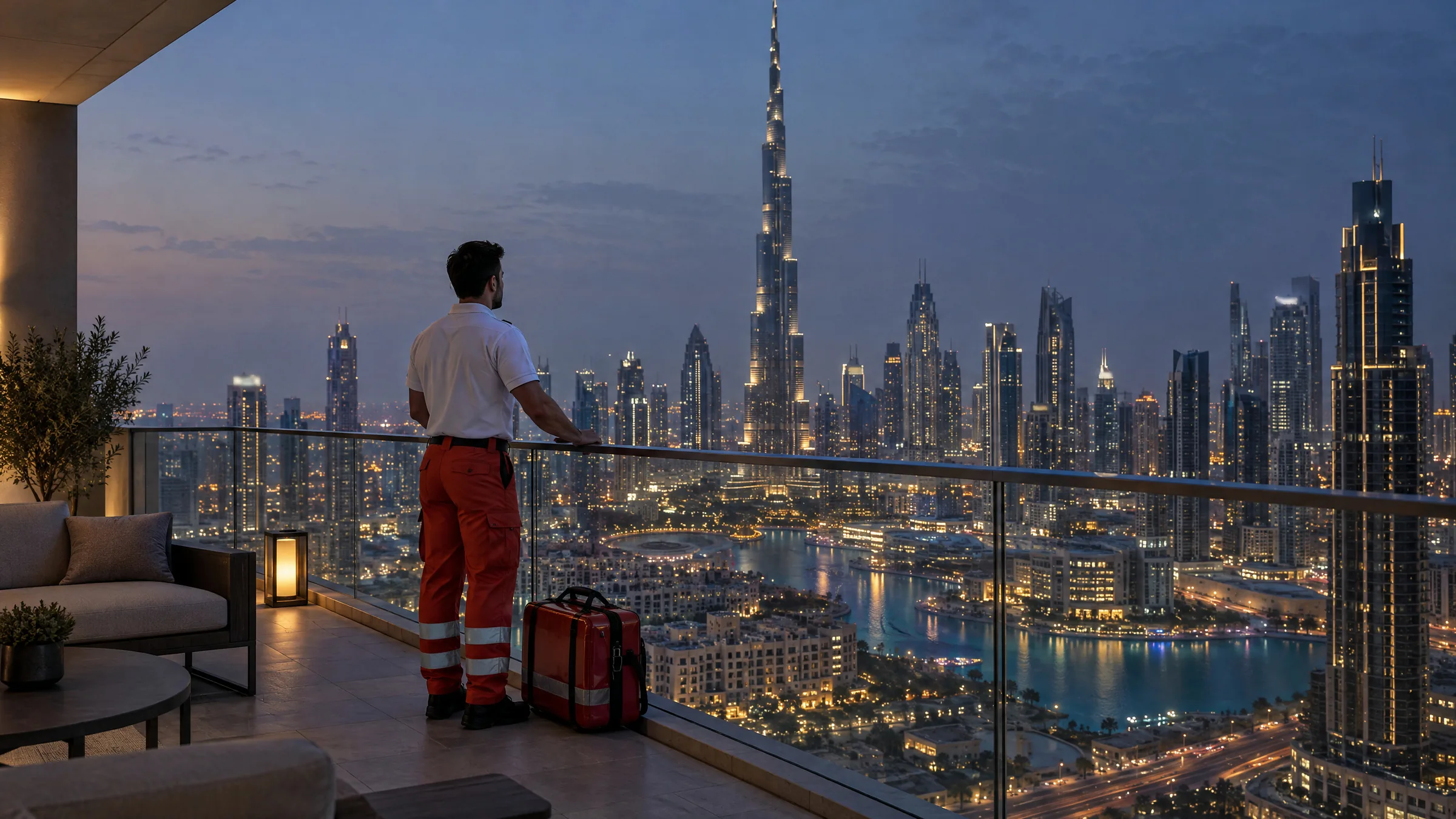 A paramedic on a residence terrace above Downtown Dubai at blue hour, the Burj Khalifa in the distance